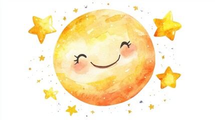 Cute watercolor illustration of a smiling moon surrounded by cheerful stars, perfect for children's decor and joyful designs.