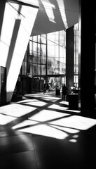 High contrast black and white image of modern architecture with angular shadows