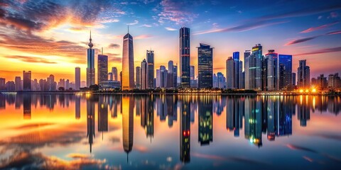 A futuristic cityscape at sunset with sleek skyscrapers and neon lights reflected in a calm lake, technology, reflection, night sky