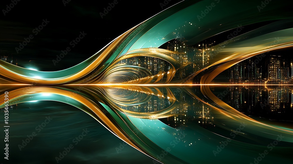 Wall mural Abstract Futuristic Cityscape with Golden and Green Shapes and Reflection