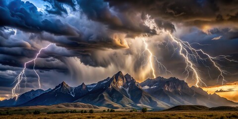 A dramatic mountain storm with dark clouds and lightning illuminating the peaks, climate, natural disasters, mountains