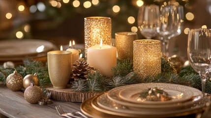 Evergreen branches, golden accents, and glowing candles create a cozy holiday atmosphere, set against sparkling lights.