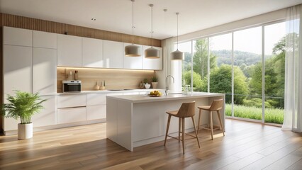Fototapeta premium Minimalist Modern Kitchen Interior Design with Island and Natural Light