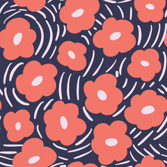 Cute Pink Bold Floral Blue Background Vector seamless Pattern. Perfect for fabric, wallpaper and children's projects. 