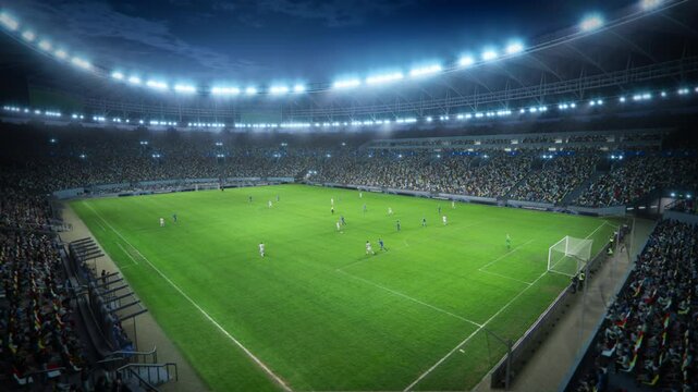 Elevated Establishing Static Shot of a Whole Stadium with Soccer Championship Match. Teams Play, Crowds of Fans Cheer. Football Tournament, Cup Broadcast. Sport Channel Television Playback.