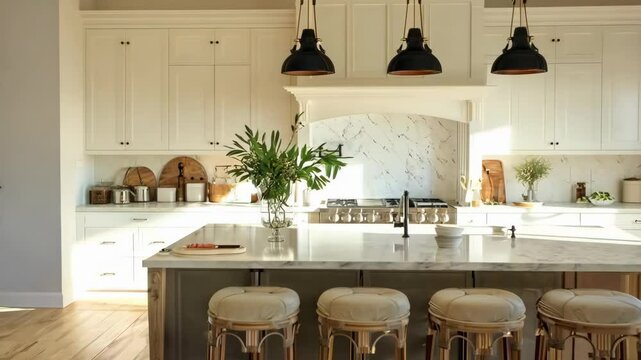 Stylish kitchen with a large island and pendant lighting, Video