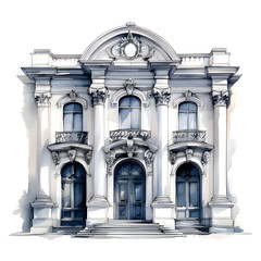 Obraz premium watercolor clip art of a Renaissance-style facade, featuring symmetrical windows, architectural PNG on white background
