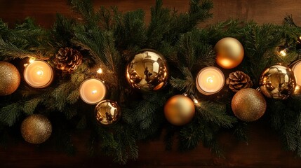 Golden ornaments and glowing candles rest on a holiday table adorned with evergreen branches and festive lights.