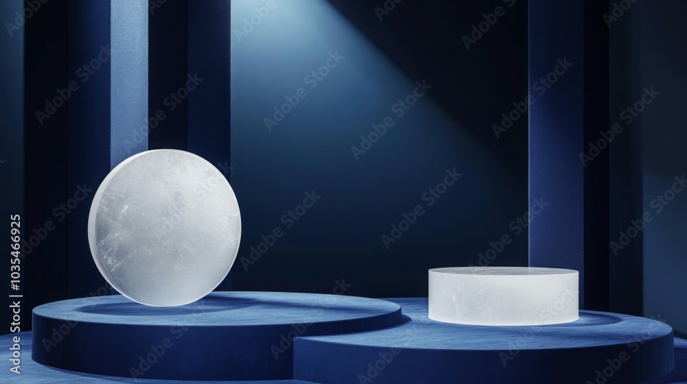 Poster a striking modern art display showcases a large circular glass piece alongside a cylindrical glass f