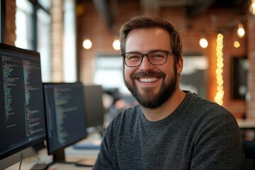 Obraz premium Cheerful software developer smiling in an office, Generative AI
