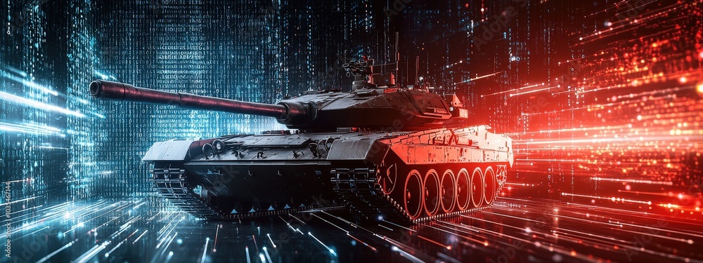 Wall mural a tank is shown in a futuristic city with a red and blue background