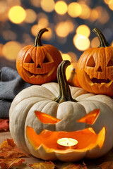 A large white pumpkin with a carved face and a menacing grin is illuminated from within by a candle. This pumpkin is positioned at the bottom, while two smaller orange pumpkins, sit atop it.
