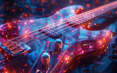 A vibrant electric guitar glistens with colorful lights and droplets, creating a dynamic, otherworldly visual effect.