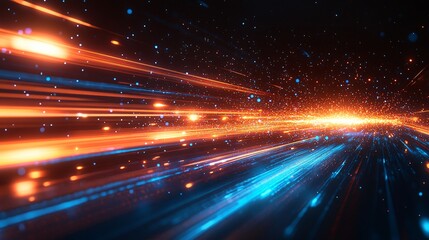 Fototapeta premium Speed of Technology: Dynamic Black and Deep Blue Gradient with Vibrant Orange and Blue Light Streaks Illustrating Modern Network Data Transfer Background