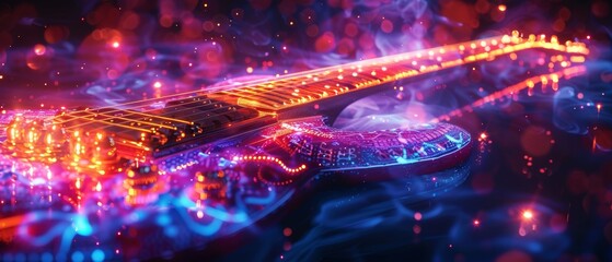 A vibrant, artistic depiction of a guitar, illuminated with colorful lights and swirls, creating a magical and abstract atmosphere.