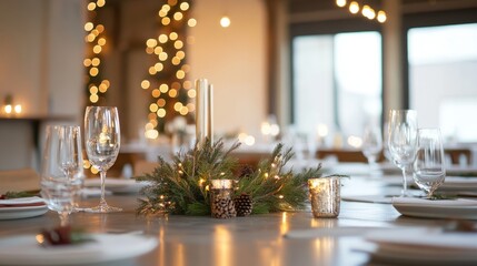 Minimalist holiday reception decor with a modern wreath, delicate branches, and warm lighting to welcome guests