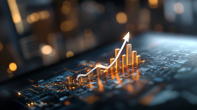 3D graph emerging from a business cityscape, symbolizing robust growth and economic expansion