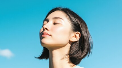 Serene Japanese Female Practicing Yoga Under Blue Sky