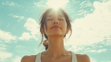 Serene Japanese Female Practicing Yoga Under Blue Sky