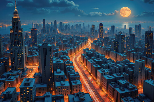 Full moon rising over manhattan skyline at night with city lights illuminating streets