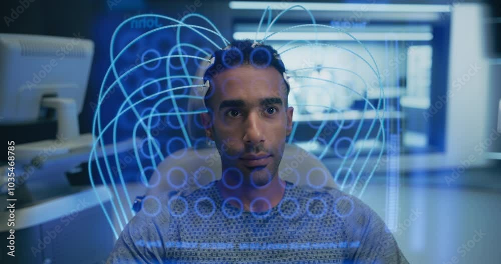 Poster paralyzed man wearing a neural headset plays a vr game in a futuristic lab with his mind, with holog
