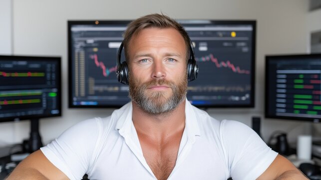 Focused trader with headset monitoring stock market trends on multiple screens