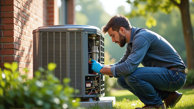 Heating, Ventilation and Air Conditioning technician checks and repairs a hvac system for faults and malfunctions and sets it up