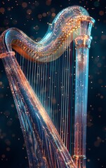 Obraz premium A beautifully illuminated harp sparkling with lights against a dark background, showcasing intricate details and a magical ambiance.