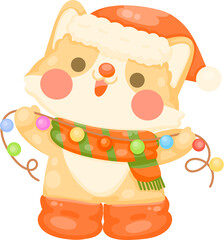 Cute dog holding christmas light decoration.cute christmas character. hand drawn illustration.