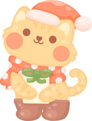 Cute orange cat holding gift. cute christmas character. hand drawn illustration.