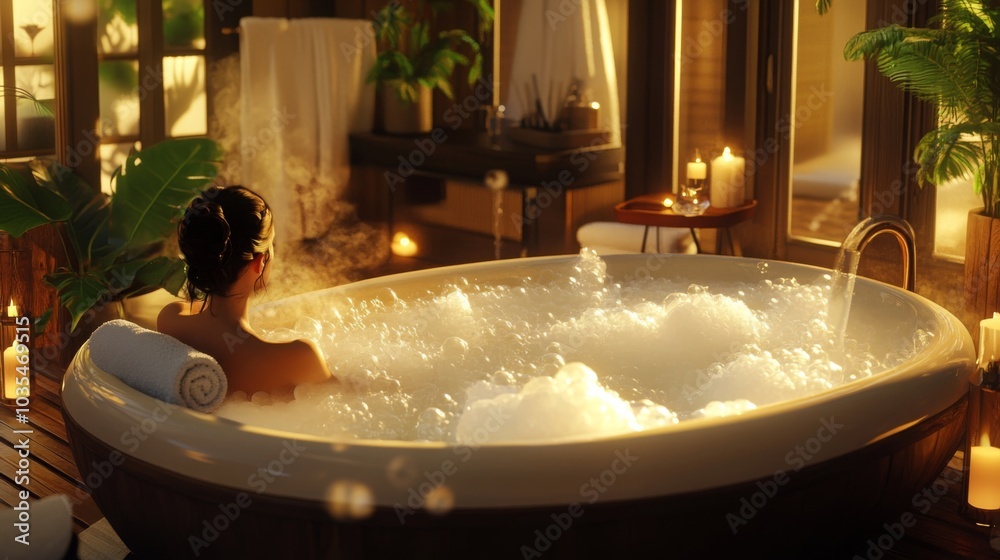 Poster a person enjoys a tranquil bath filled with bubbles, surrounded by soft candlelight and the calming 