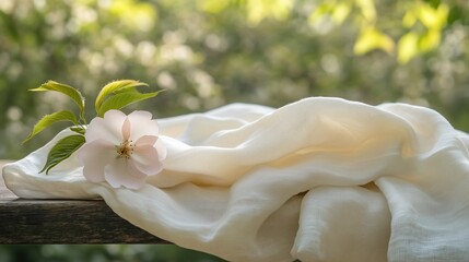 Elegant display of crumpled ivory linen on wooden garden bench with flower accent