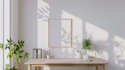 A minimalist home office with a white-walled, wooden desk. The focal point is a blank picture frame