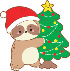 Cute sloth christmas version. Funny baby sloth animal series christmas illustration.