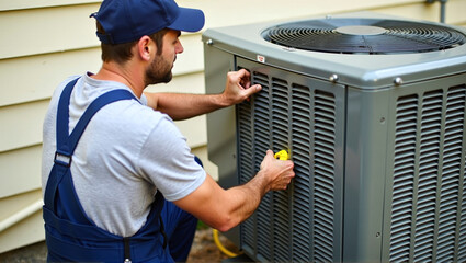 Heating, Ventilation and Air Conditioning technician checks and repairs a hvac system for faults and malfunctions and sets it up