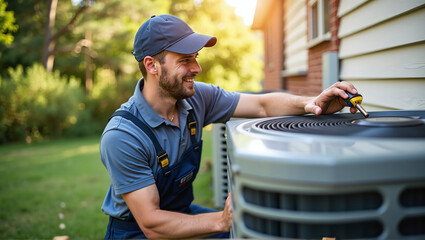 Heating, Ventilation and Air Conditioning technician checks and repairs a hvac system for faults and malfunctions and sets it up