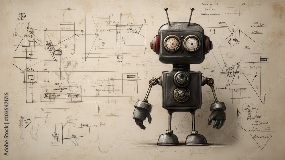 Poster Inventive robot design with technical sketches in the background