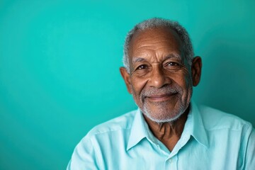 Elderly man in a dress shirt, smiling and looking directly at the camera, with a solid teal background and room for messaging