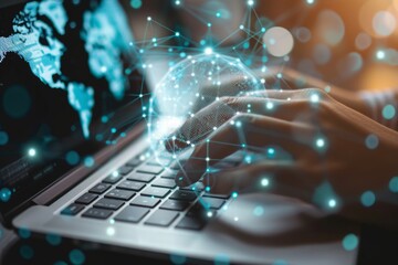 Hand using laptop with abstract global network interface. Business and technology concept