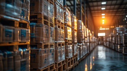 Fototapeta premium Industrial warehouse scene with rows of goods on pallets for storage and distribution