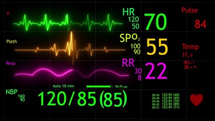 ICU medical monitor,  irregular heartbeat. EKG monitor in ICU unit show The waves of blood pressure, blood oxygen saturation, ECG ,heart rate. New emergency technologies.