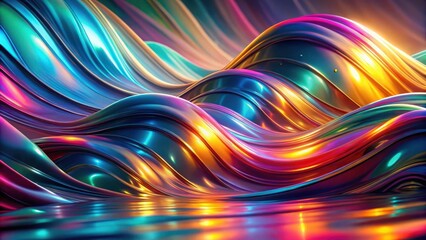 Obraz premium Abstract iridescent waves of color, shimmering with liquid reflections, create a dynamic and vibrant landscape.
