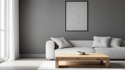 A realistic photo of a minimalist living room showcasing a wooden square coffee table beside a sleek white sofa. The grey wall with an art poster brings modern elegance to the space. Photographed in