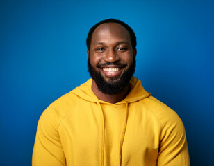 Fototapeta premium Portrait of Young Handsome Man Happily Smiling Against Blue Studio Background
