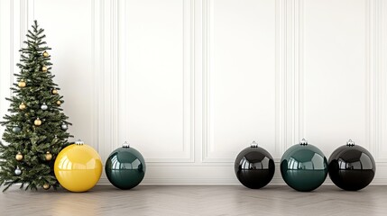 Colorful Christmas ornaments in black, yellow, and teal are arranged beautifully with festive greenery and shimmering lights