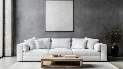 Fototapeta premium A realistic photo of a modern living room with a white sofa and a wooden square coffee table. The grey wall is adorned with a stylish art poster, blending minimalist and elegant design. Shot in 32k