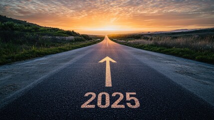 Text "2025" and arrow pointing towards the horizon written on asphalt displays an empty road stretching into a glowing horizon, symbolizing new beginnings, optimism, and success for 2025. Styled like