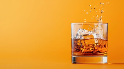 Whiskey glass with ice splashing on vibrant orange background.