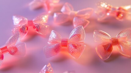 Fototapeta premium Delicate transparent pink bows reflecting light on soft surface, capturing girlhood design essence