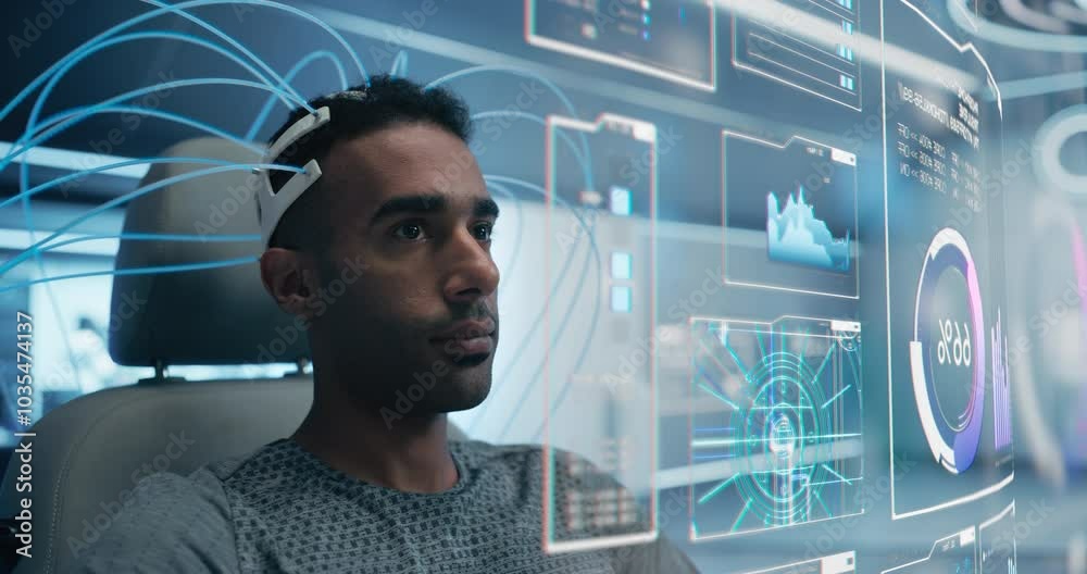 Poster man wears a neural headset, interacting with holographic data interfaces. simulations controlled by 